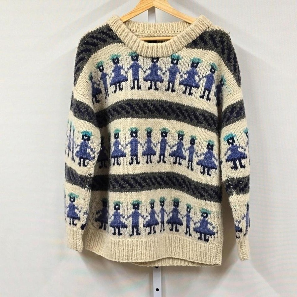 Vintage Conejo Wool Knit Sweater Ecuador Paper Doll People Cream Blue